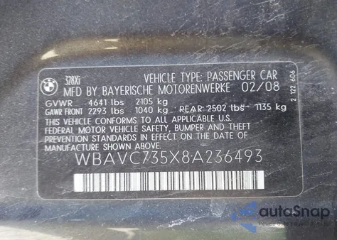 2008 BMW 328Xi z USA, uszkodzony, nr VIN WBAVC735X8A236493